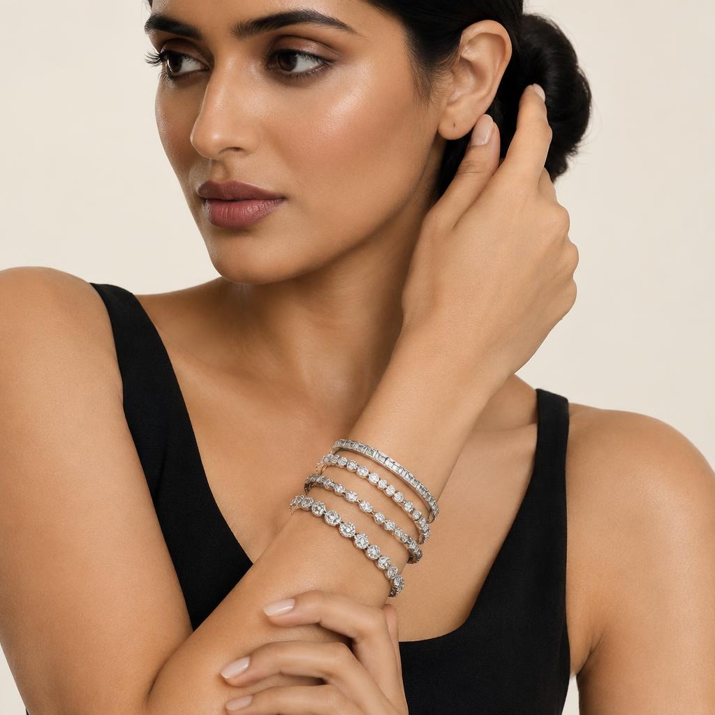 A woman wearing a selection of bracelets