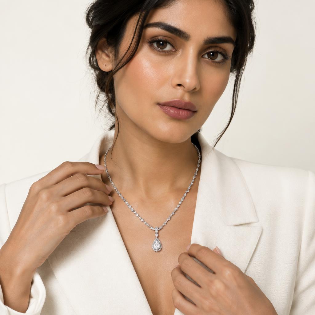 A woman wearing a fine necklace