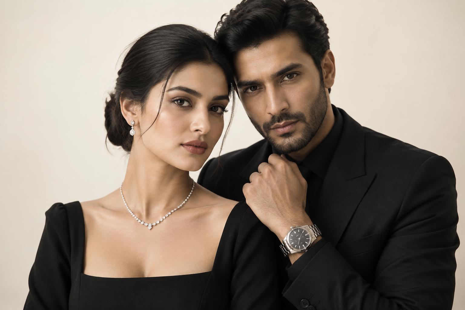 A couple wearing jewelry and a watch selected by Classical Collections by Afra