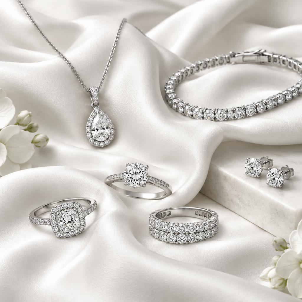 A selection of rings and jewelry on white silk